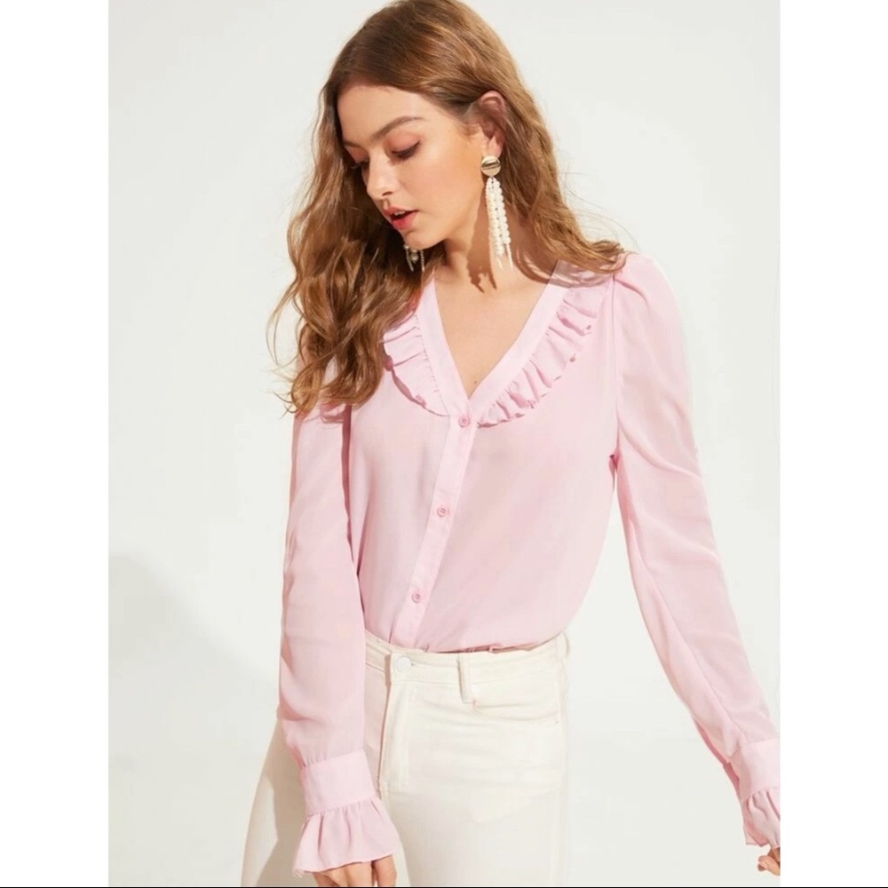 Ruffle Trim Solid Buttoned Blouse - image 8